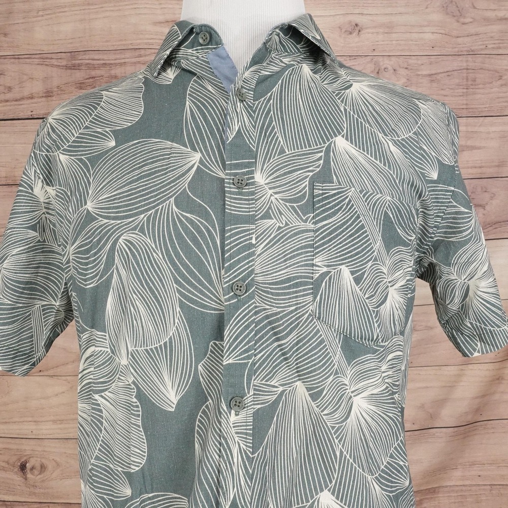 BOHIO Shirt Mens L Green Floral Hawaiian Button-Up Cotton Casual Tropical